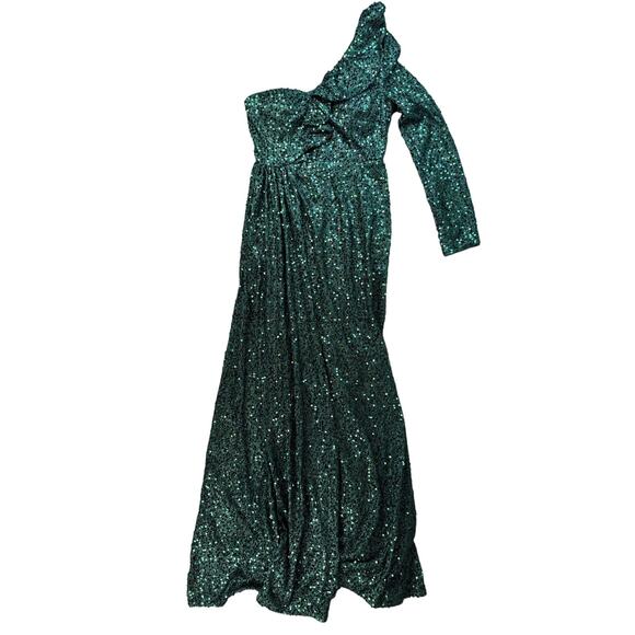 NWT Faeriesty Formal Dress Gown Sz Large Dark Green Sequin One Shoulder Mermaid - Picture 4 of 16